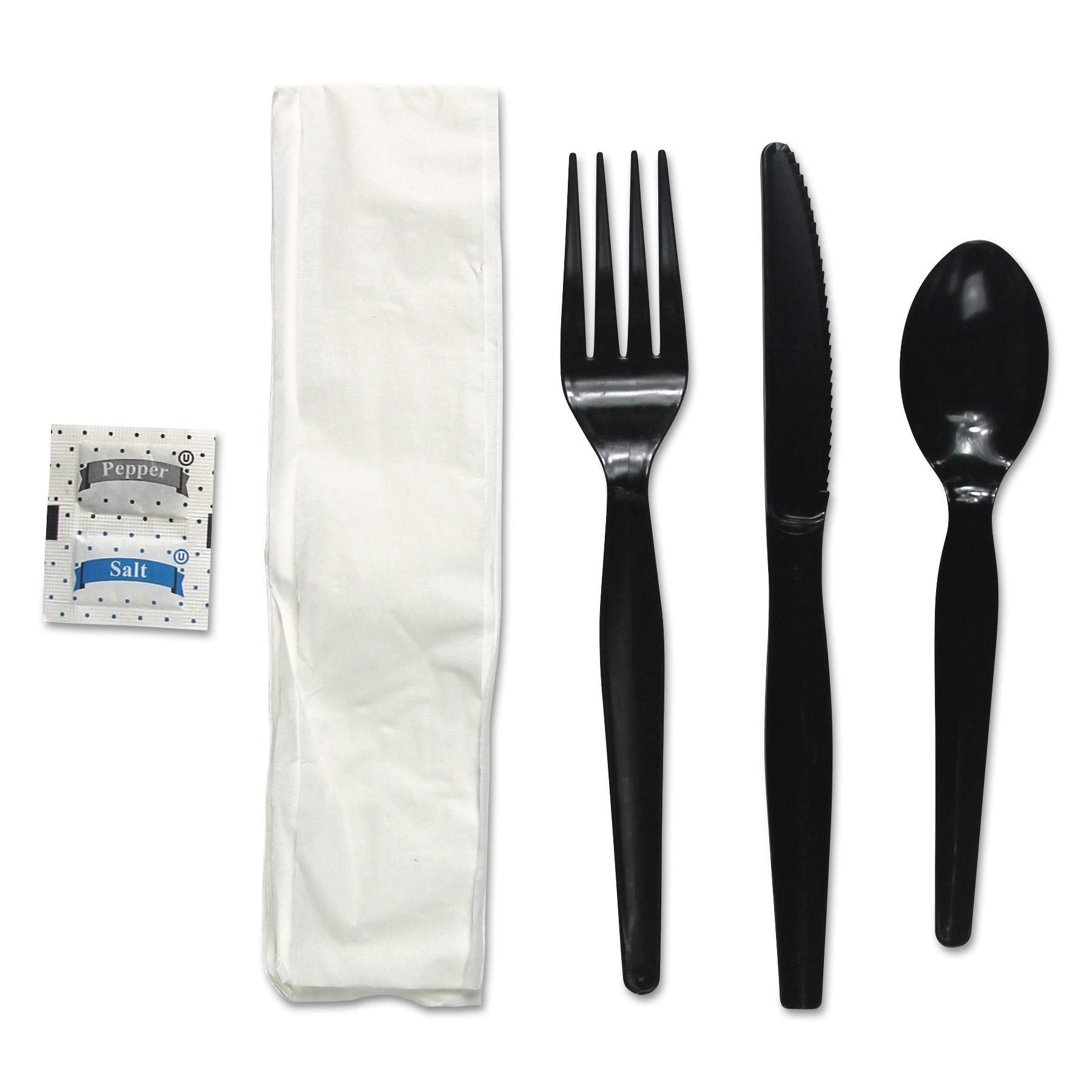 (SM) 6-Piece Heavyweight Cutlery Kit (Fork, Knife, Spoon, Napkin, Condiments) - Black, 250 Count